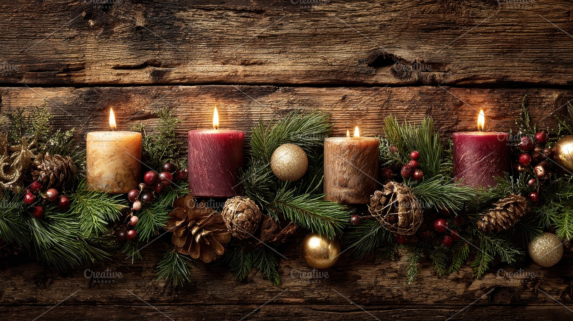 Candles with decorations on wood, a Photo by Pavel_design