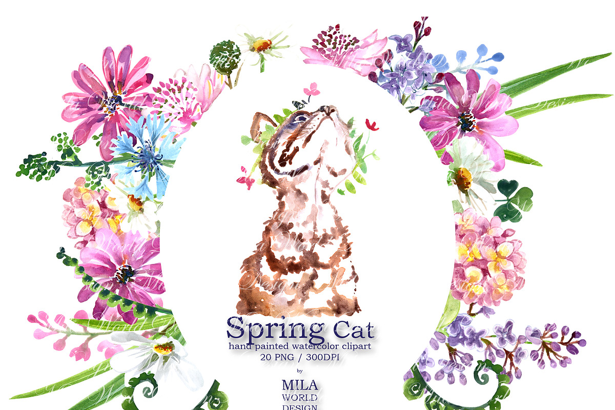 Spring Cat Watercolor Clip Art, an Object Graphic by MilaWorldDesign