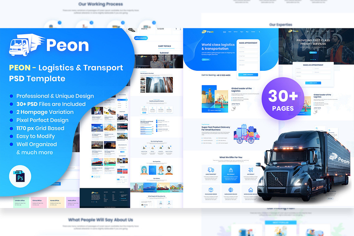 Peon - Logistic PSD Template, a Landing Page Template by Andit themes (Photo 1 of 34)