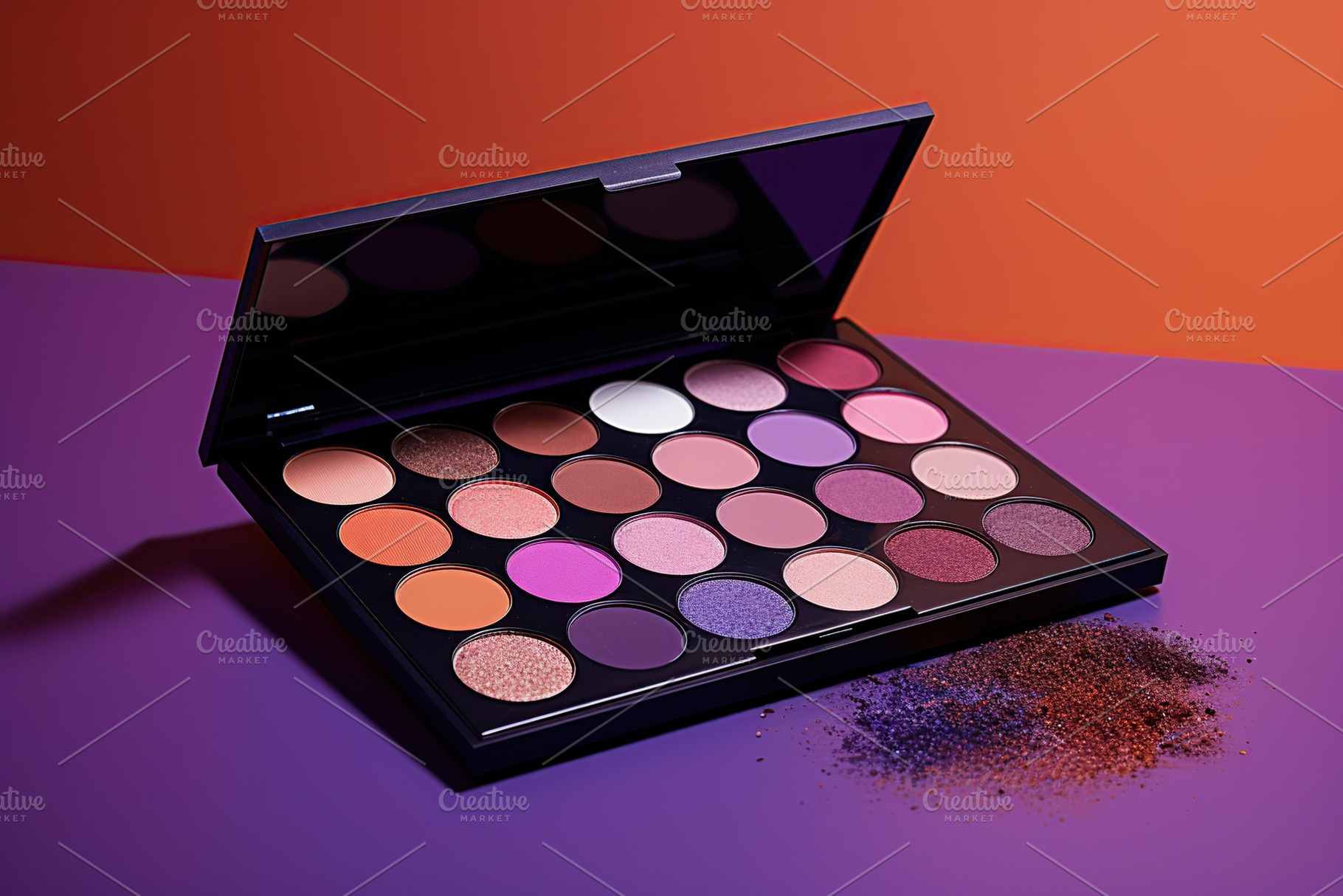 Makeup eyeshadow palette with mirror on colorful background. Cosmetic products, a Beauty & Fashion Photo by AlyaAnd