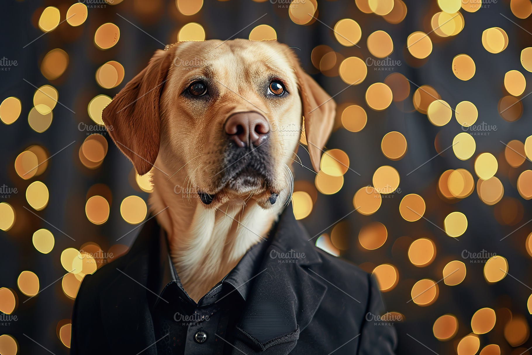Cute labrador dog in suit on blurred lights background, an Animal Photo by AlyaAnd
