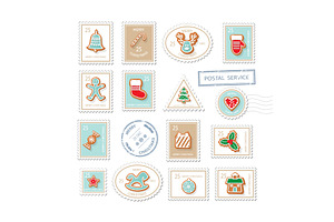 Christmas postal stamps set isolated