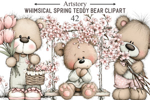 Whimsical Spring Teddy Bear Clipart, an Illustration by designcity5