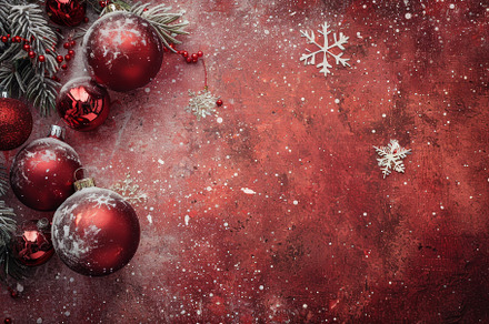 Decorative red ornaments and snowfla, a Photo by Tanuart