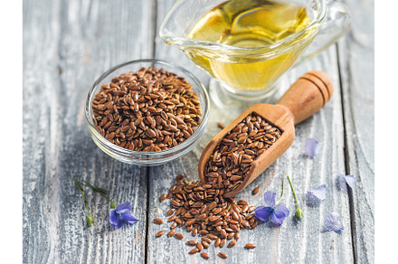 Flax seeds and flaxseed oil with, a Food & Drink Photo by Fascinadora