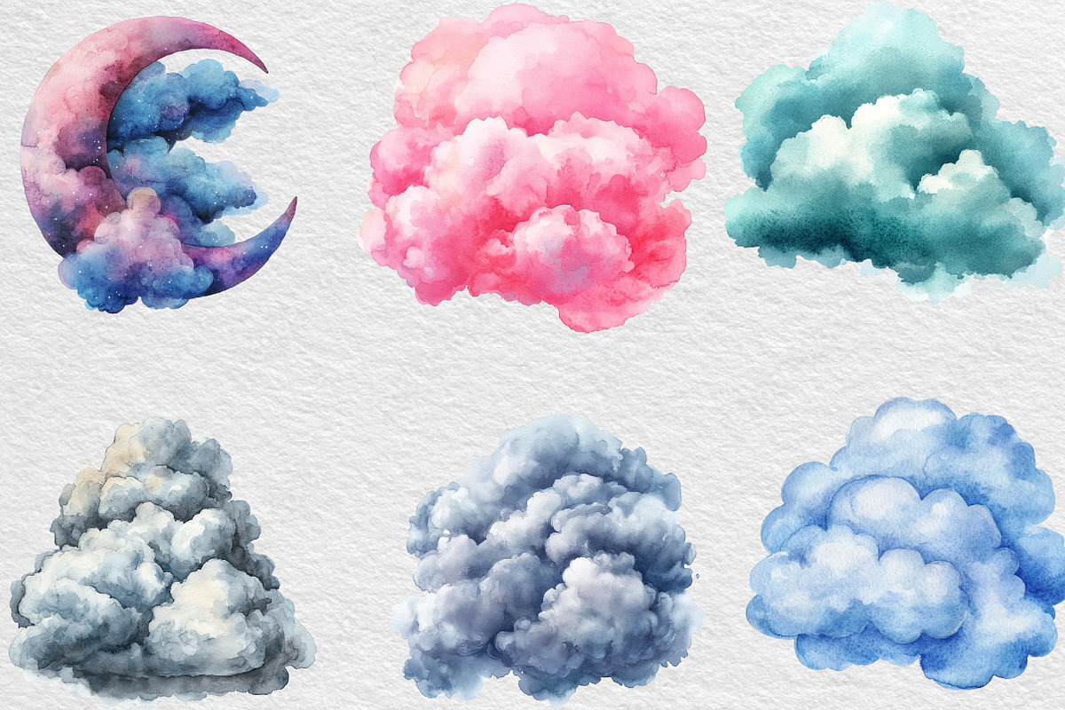 Watercolor Fluffy Clouds Clipart, an Illustration by Black Bird Studio (Photo 4 of 6)