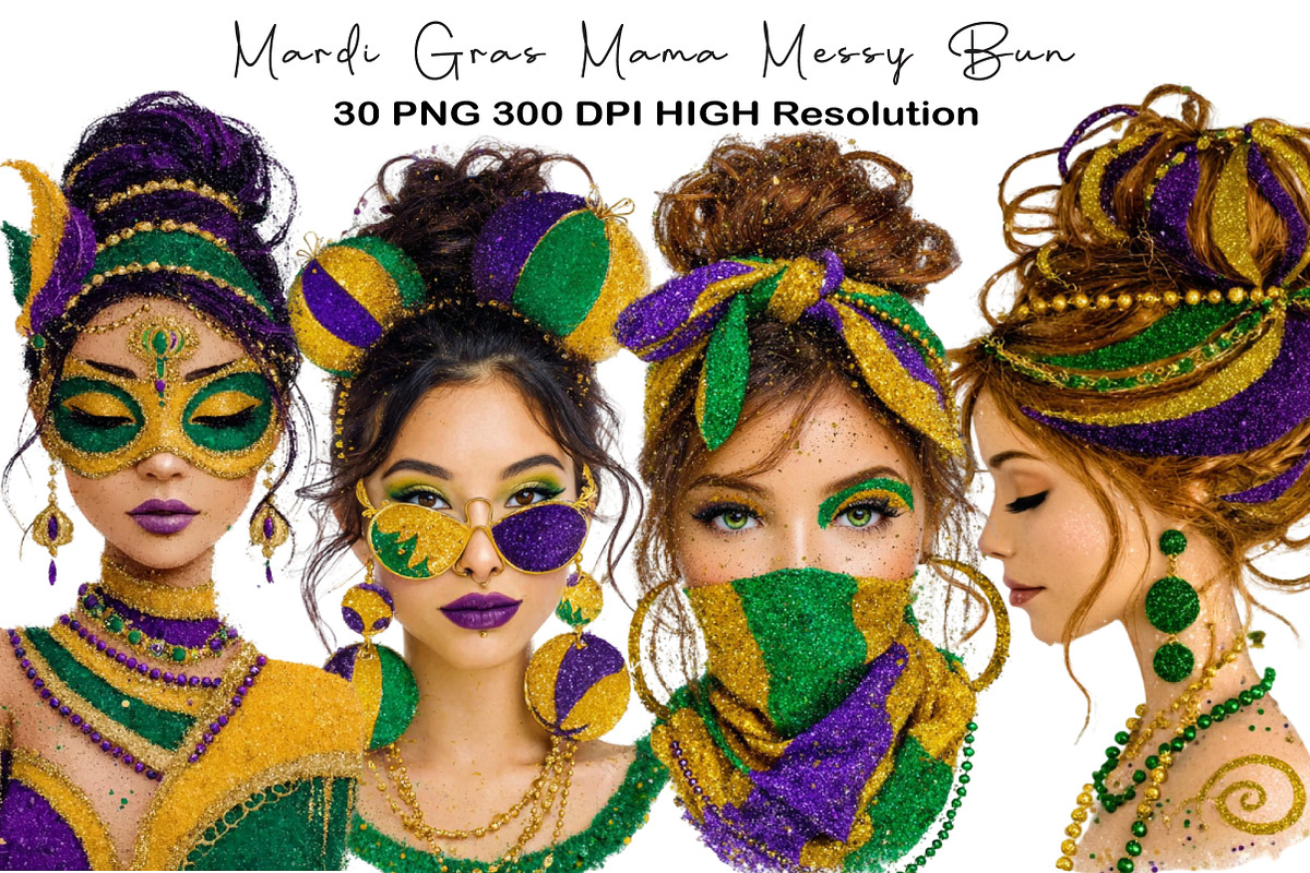 Mardi Gras Mama Messy Bun PNG, an Illustration by Black Bird Studio (Photo 1 of 6)