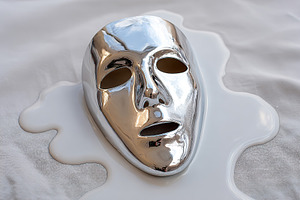 Shiny silver mask resting on white surface with smooth liquid around it, a Photo by AlyaAnd
