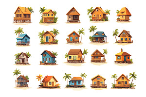 Bungalows cartoon vector set. Palms, an Illustration by Onyx