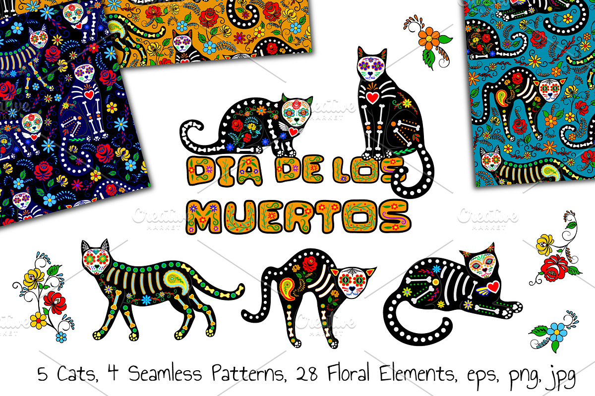 Sugar Skull Cats (ESP, PNG, JPG), an Animal Illustration by Sveta Aho (Photo 1 of 3)
