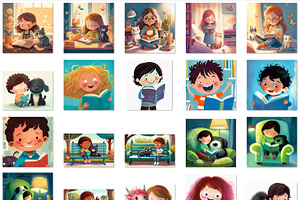 Cartoon Little Kids Reading Books