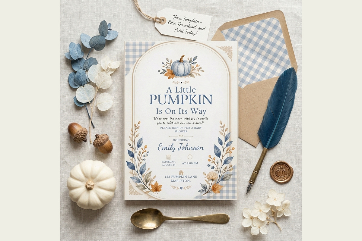 Blue Pumpkin Baby Shower Invitation, an Invitation Template by FakhiiDesigns (Photo 1 of 5)