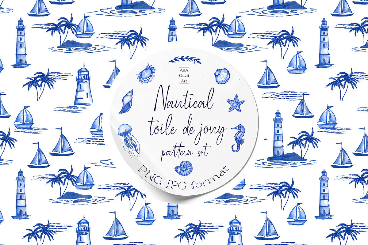Nautical Toile de Jouy Seamless Patt, a Pattern Graphic by AnaGuziiArt (Photo 1 of 9)