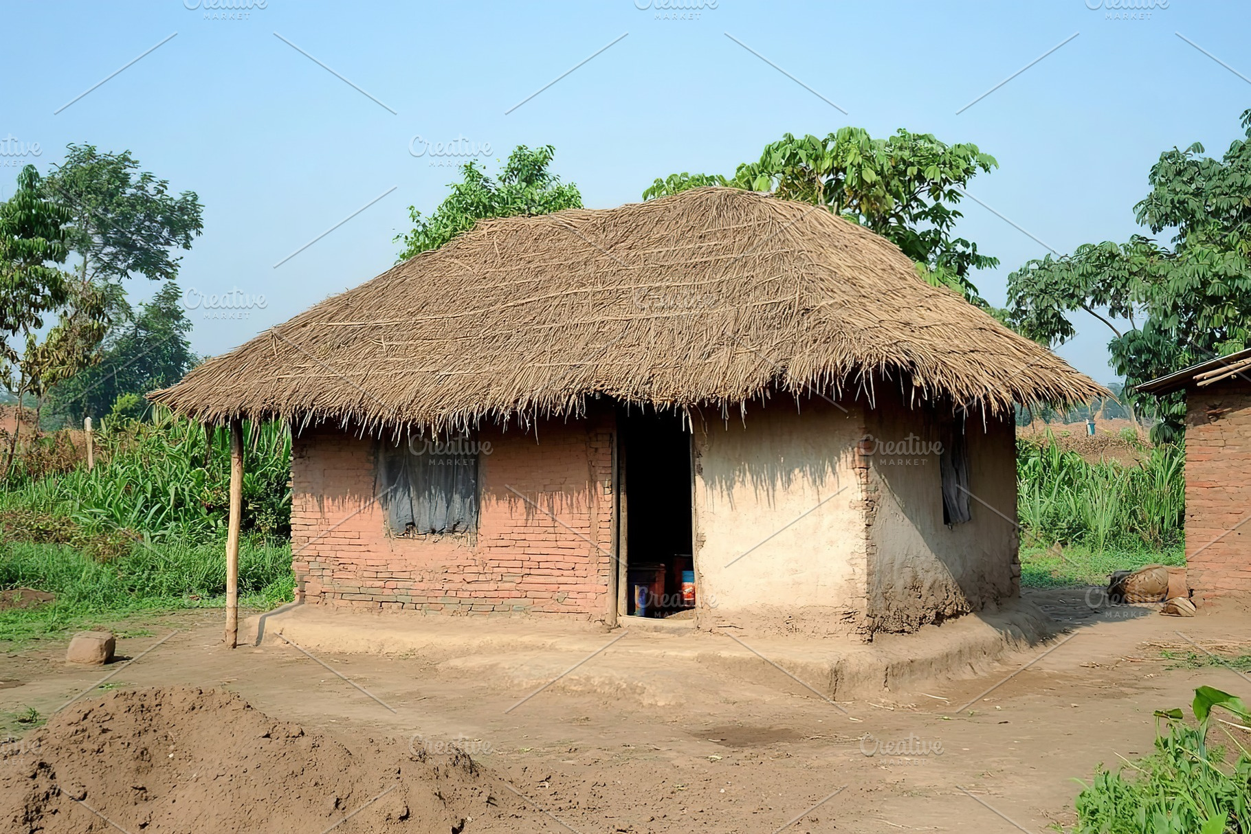 Traditional Indian village house during daytime with thatched roof and surround, an Architecture Photo by AlyaAnd