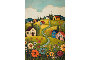 Cottages and Flowers Path Design, a Decorative Illustration by Art Paradise Studios