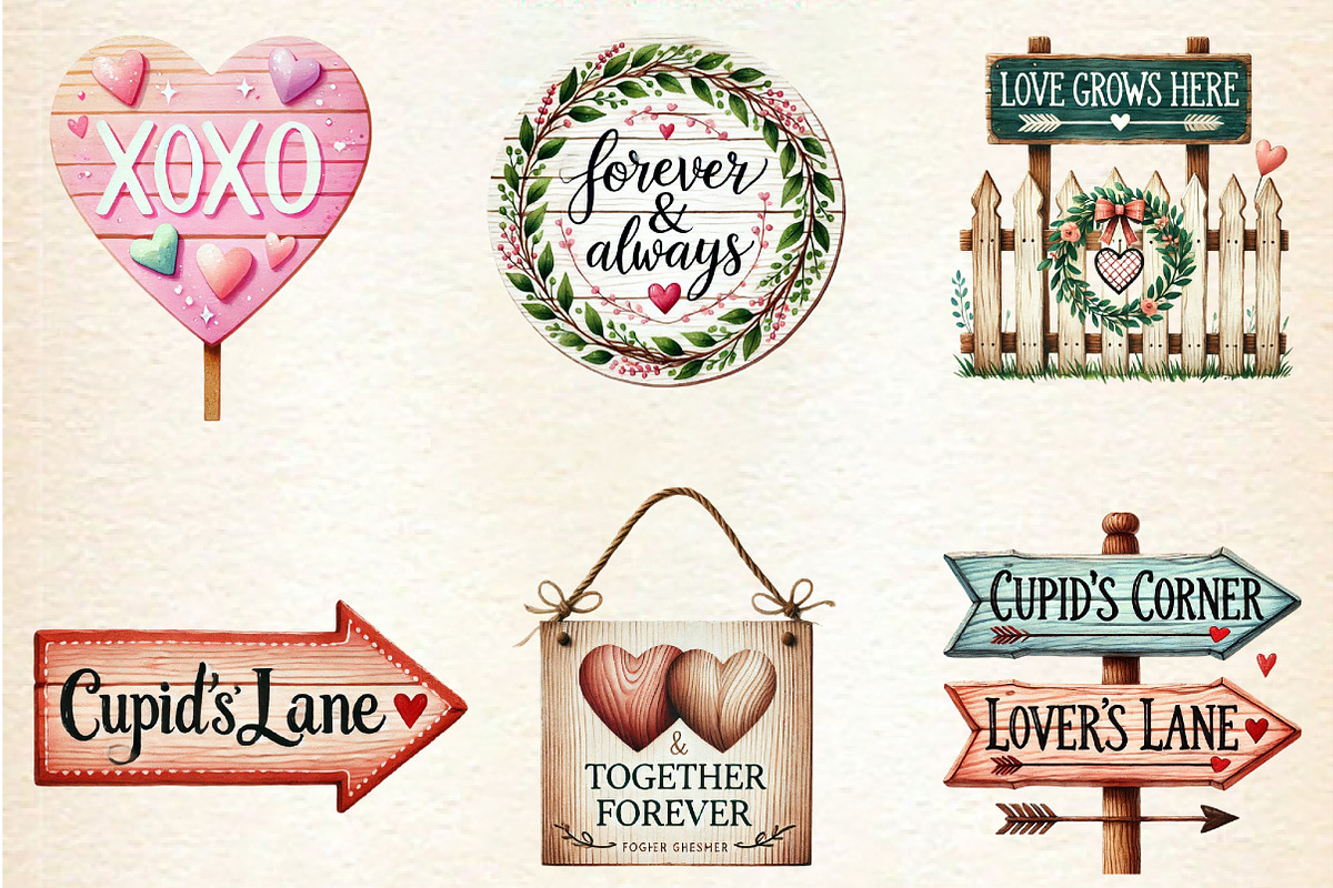 Valentines Day Wooden Sign Clipart, a Seasonal Illustration by DreamArtGraphic (Photo 4 of 5)