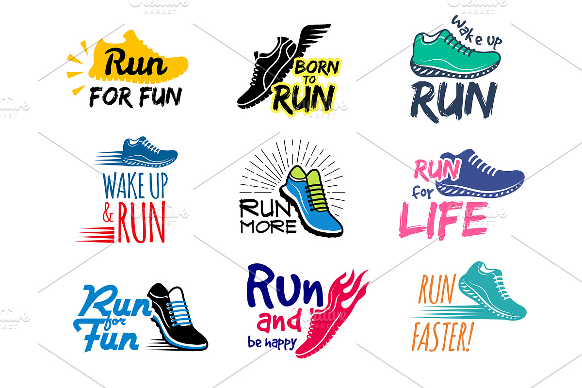 Run badges. Running shoes in labels, a Sport Illustration by Onyx