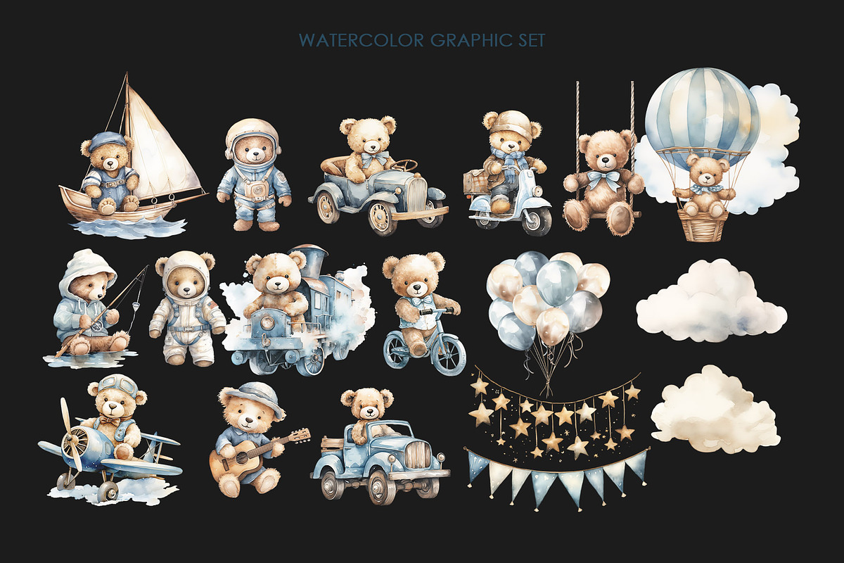 Watercolor blue Teddy bear clipart., an Object Graphic by AquarelleSpace (Photo 3 of 4)