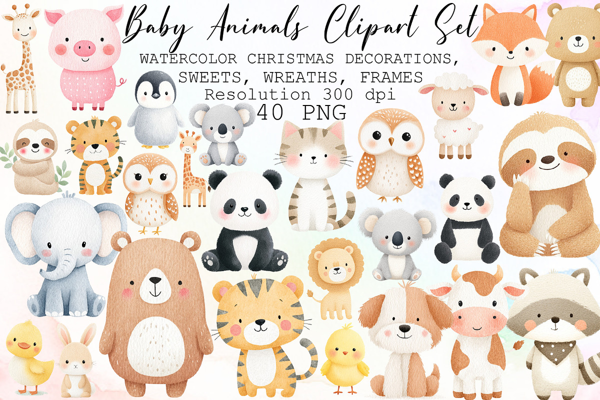 Baby Animals Watercolor Clipart Set, an Animal Illustration by Sublimation Artist (Photo 1 of 6)