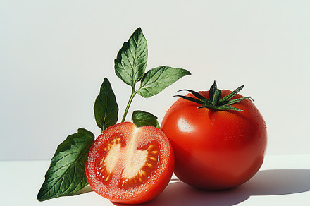 Tomato and a half, with leaves, isol, a Food & Drink Photo by Pixeness