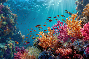Coral reef, colorful fish swimming, a Photo by Pavel_design