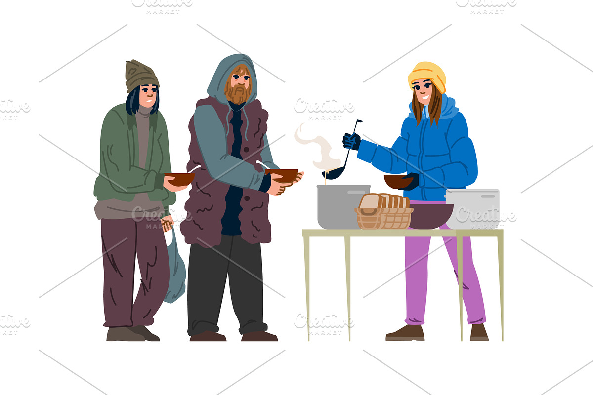 Volunteer giving warm meal to, a Person Illustration by pikepicture