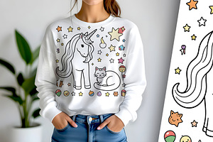 Cute Unicorn and Cat Coloring Page, an Animal Illustration by Sharon Schwalbe