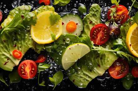 Fresh vegetable salad with citrus, cherry tomatoes, and lettuce, a Photo by Dvoevnore photos