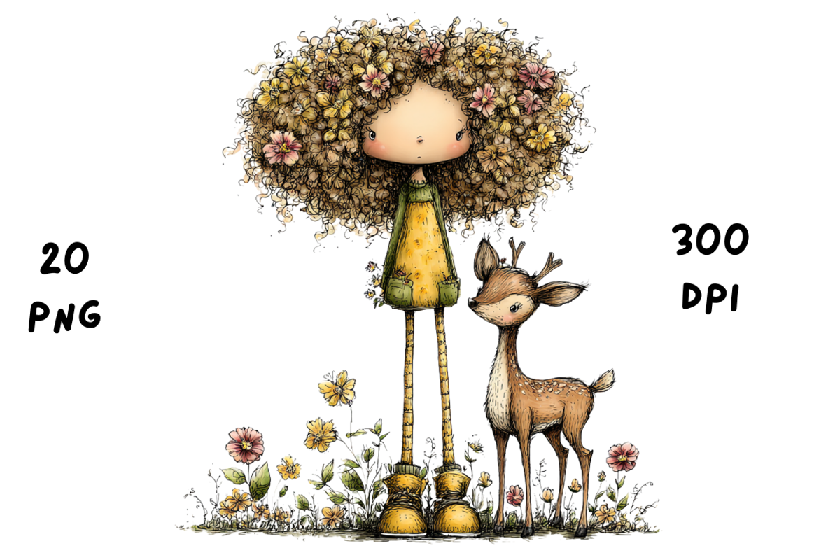 Whimsical Floral Girl & Deer Clipart, an Animal Illustration by GiraffeCreative (Photo 18 of 20)