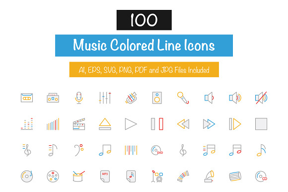 100 Music Colored Line Icons preview 3