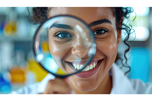 A smiling scientist looking through, a Technology Photo by Igor Tichonow