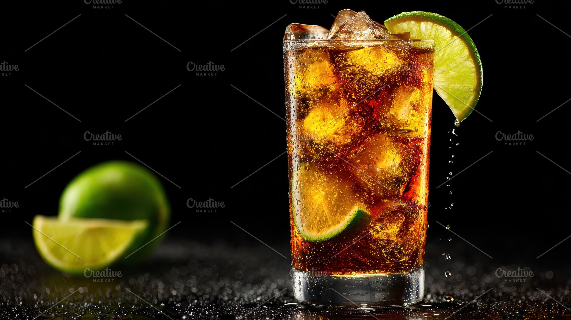 Iced Cuba Libre cocktail drink lime, a Photo by Pixeness Studio