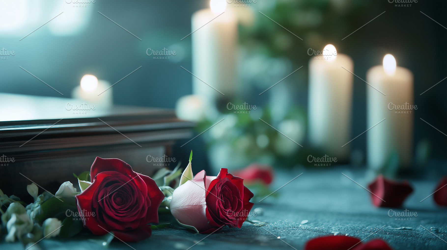 Red roses and candles on a funeral, a Background Photo by MistyDay