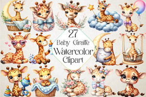 Baby Giraffe Watercolor Clipart, an Illustration by DreamPrint404