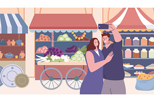 Vacation vibes. Couple doing selfie, a Food Illustration by Valerie Bodnar
