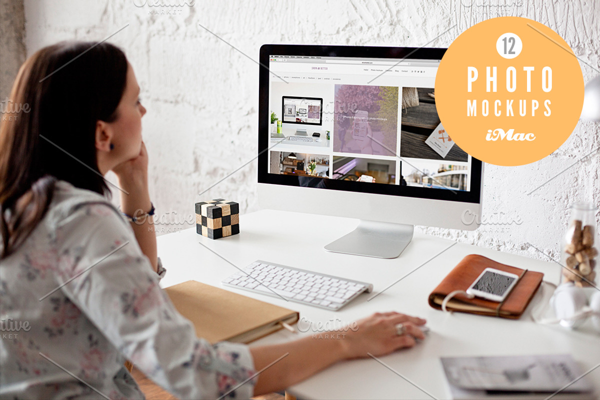 Woman using iMac - 12 photo mockups, a Household Mockup by show it better (Photo 1 of 5)