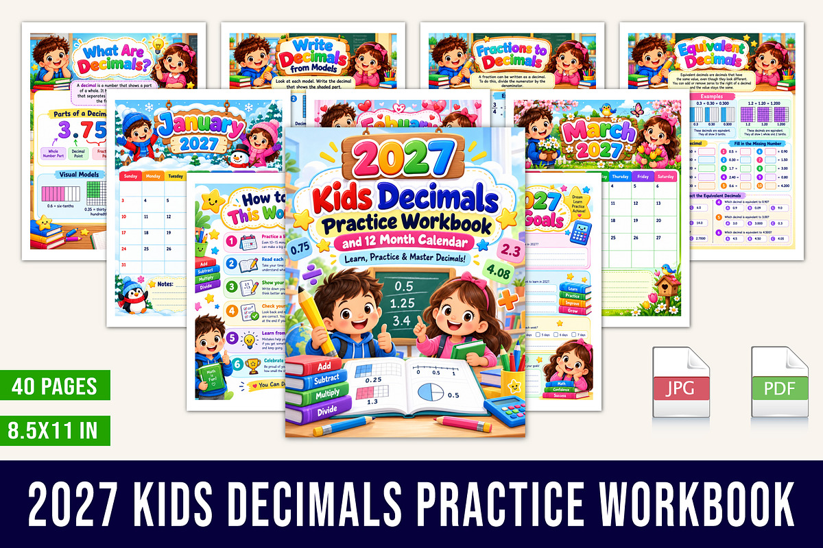 2027 Kids Decimals Practice Workbook, a Stationery Template by Designmela01 (Photo 1 of 5)