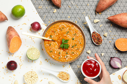 Concept of tasty food, sweet potato puree, top view, a Food & Drink Photo by AtlasStudio PRO
