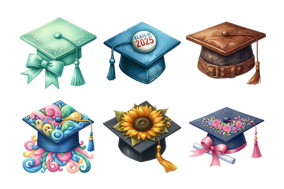 Watercolor Graduation Cap Clipart, an Illustration by Daily.Designs (Photo 5 of 5)