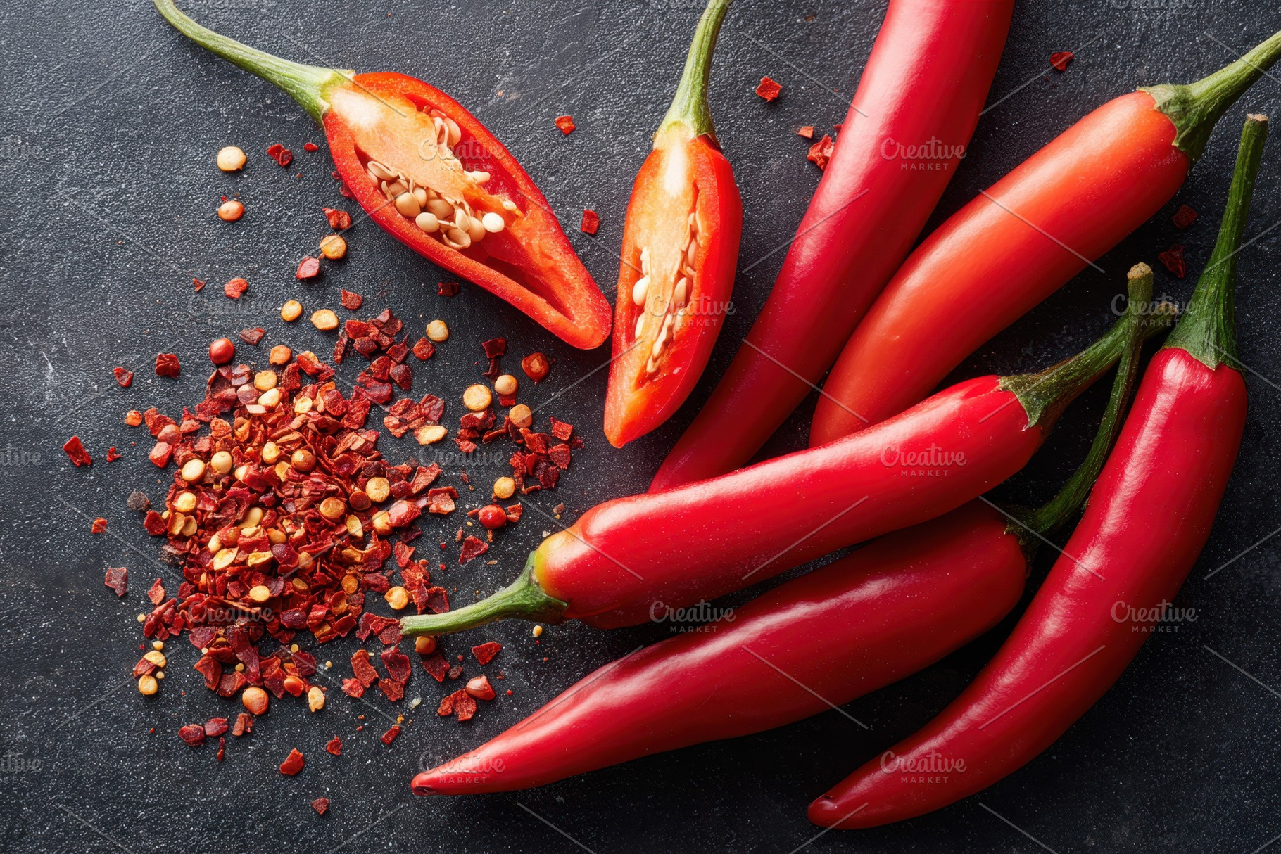 Fresh red chili peppers and crushed flakes, a Food & Drink Photo by AlyaAnd
