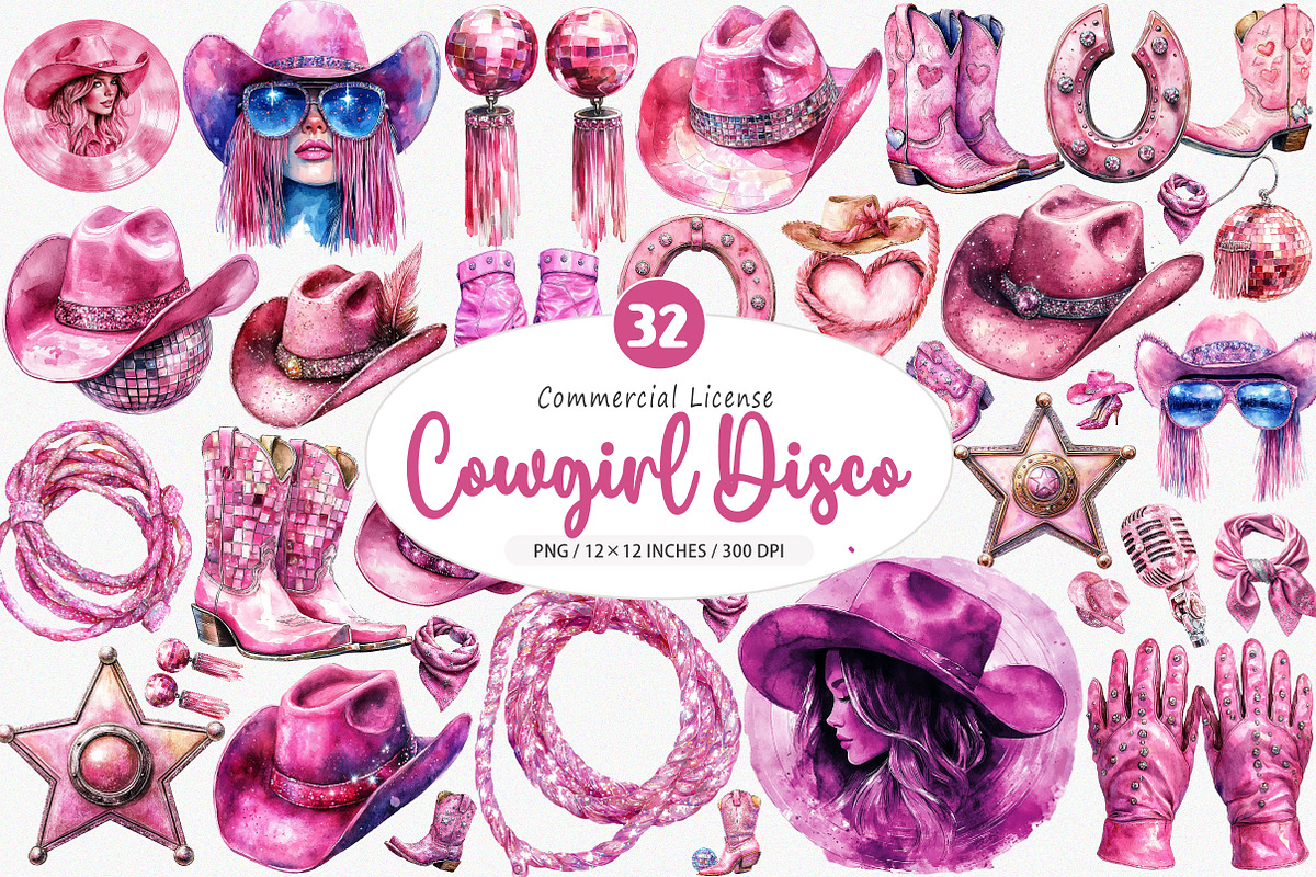Pink Cowgirl Disco Clipart PNG, an Illustration by SinaCreation (Photo 1 of 5)
