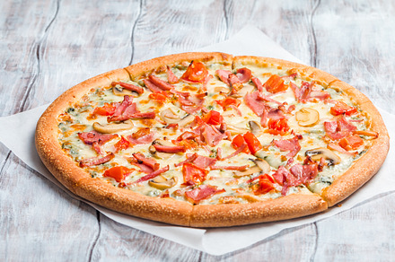 Pizza with mushrooms and ham featuring american, background, and bacon, a Food & Drink Photo by piter.goskov