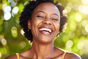 Adult woman laughing with her eyes closed, a Person Photo by DanFLCreativo