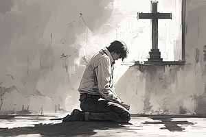Man praying on knees in a solemn church setting with symbolic elements, an Illustration by AS photostudio