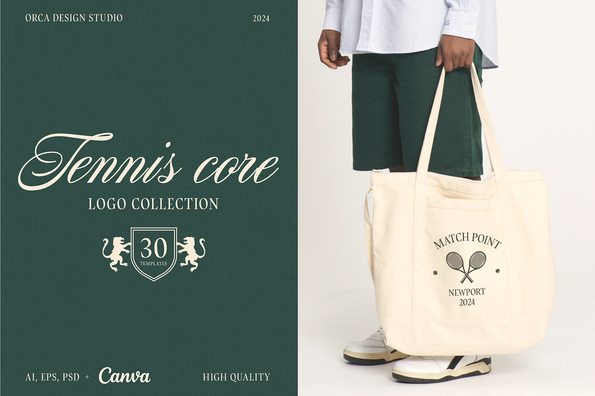 Tennis Core logos - CANVA, AI, PSD, a Branding & Logo Template by Orca Design (Photo 1 of 13)