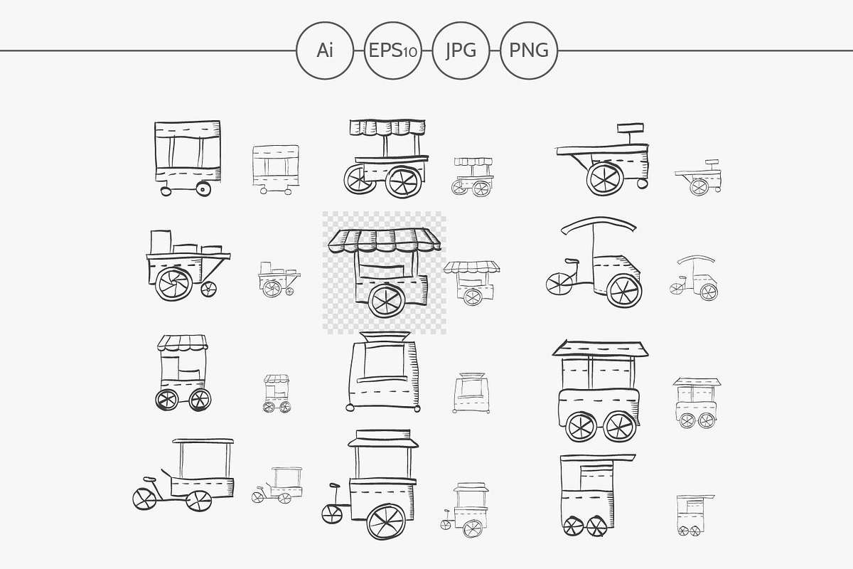 Food trolley sketch vector icons set
