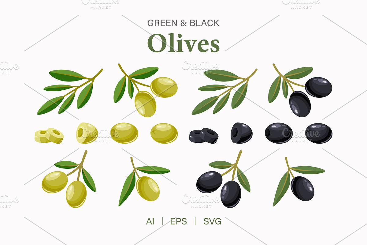 Green & Black Olives Vector Set, a Food Illustration by Gomolach (Photo 1 of 3)