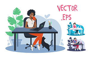 Woman using laptop flat vector art