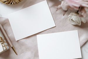 Two blank white cards mockup on elegant light pink fabric with roses, coffee, a, a Holiday Photo by Studio ANNA