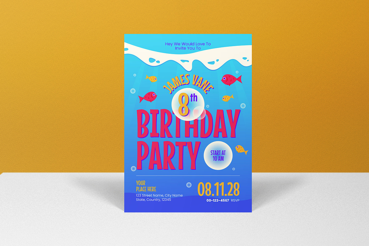 Blue Modern Kids Birthday Invitation, a Card Template by graphicook (Photo 2 of 3)